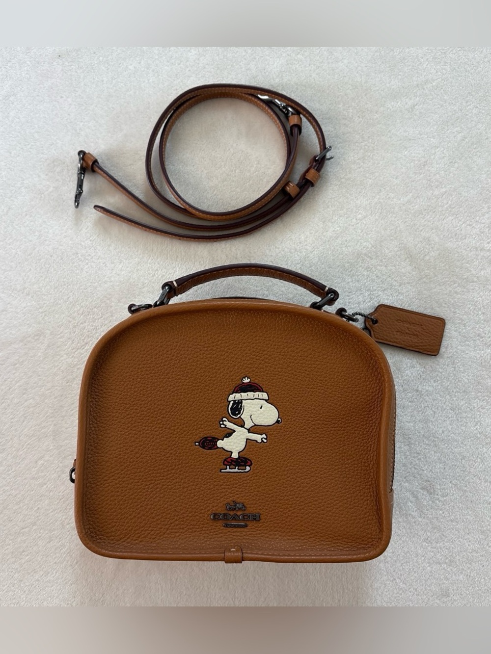 Coach x Snoopy Peanuts Lunch Pail Ice Skate Motif Brown Pebbled Leather CE846